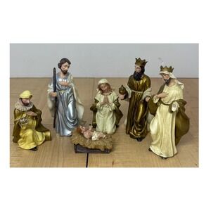 Vintage Style 6 Piece Nativity Set Figurines Gold Silver Cream Christmas Decor